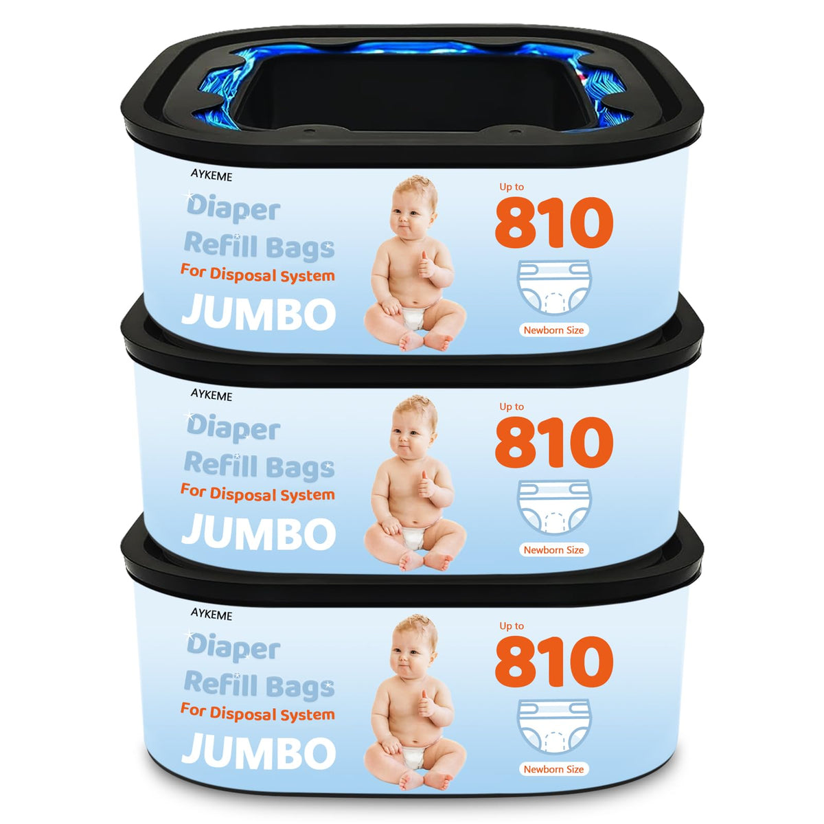 Jumbo Square Refills Disposal Bags Compatible with Diaper Genie Compact & Select Pails (Not Fit Classic),Hold Up to 810 Newborn-Sized Diapers Per Refill(3 Pack)