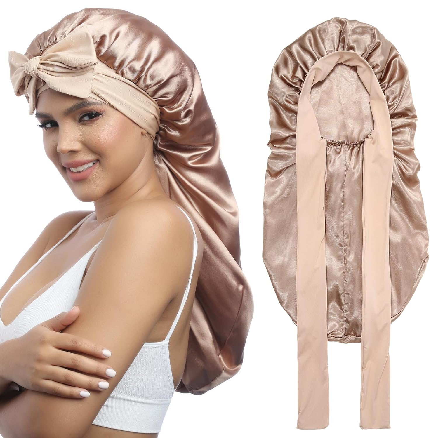Buy now AWAYTR Long Satin Bonnet for Women - Double Layer Elastic Silk Bonnet for Braids Hair Sleeping Cap with Tie Band (Rose Gold) One Size Champagne at indiglob india