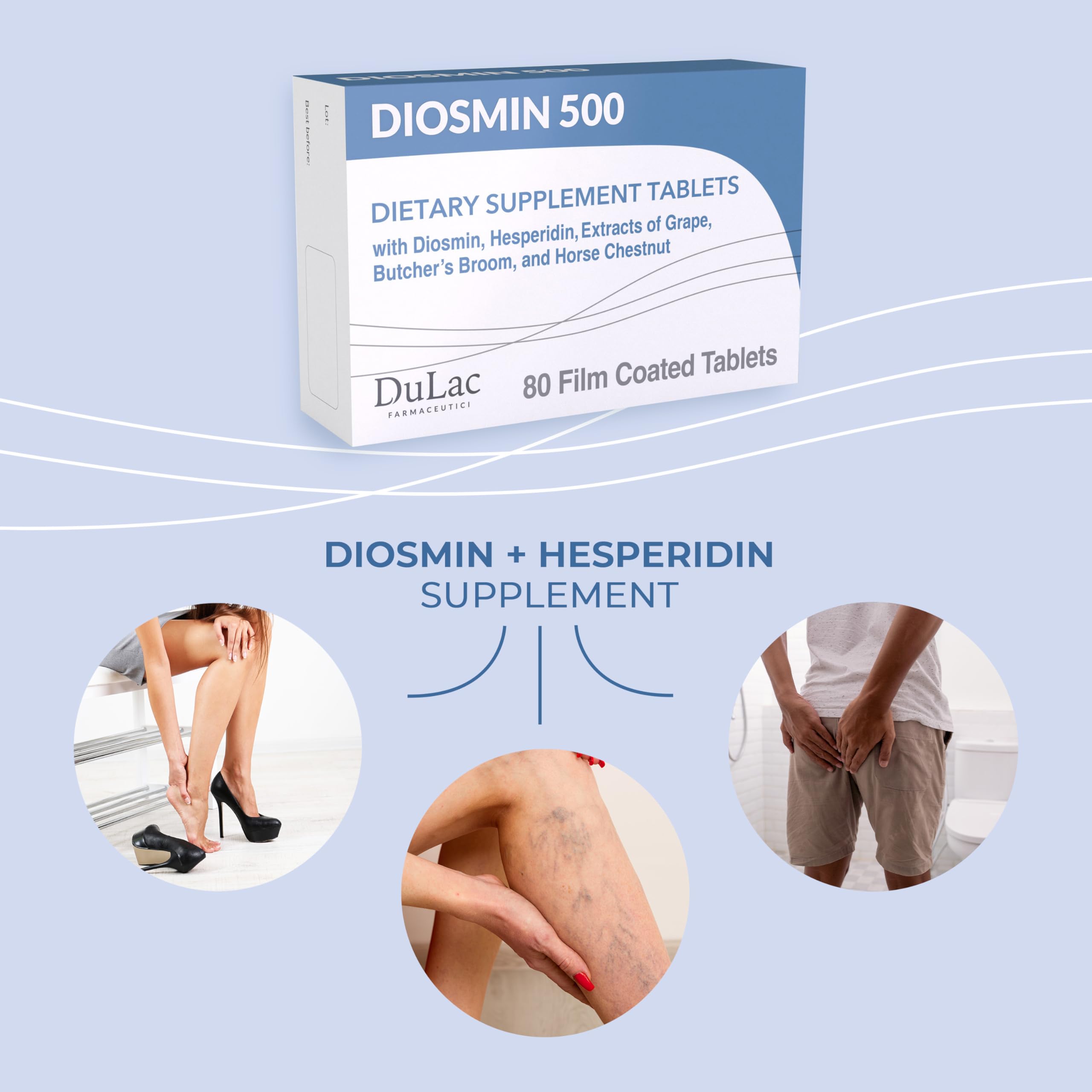 Dulac - Diosmin 500, Dietary Supplement for Leg Circulation, 80 Tablets | With Diosmin Hesperidin, Horse Chestnut, Butcher’s Broom and Red Grape Extract, Made in Italy