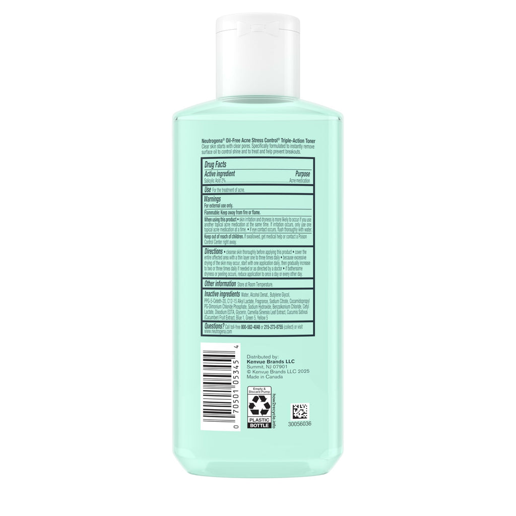 Neutrogena Acne Stress Control Face Toner, 2% Salicylic Acid, 8 fl. oz | Oil-Free Triple-Action, Green Tea & Cucumber Extract, Nourishing & Refreshing