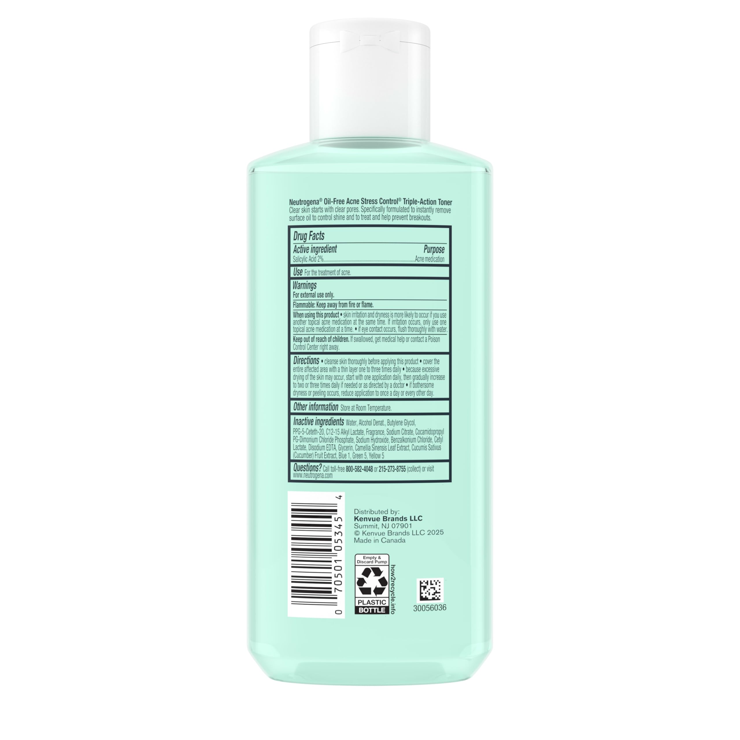 Neutrogena Acne Stress Control Face Toner, 2% Salicylic Acid, 8 fl. oz | Oil-Free Triple-Action, Green Tea & Cucumber Extract, Nourishing & Refreshing