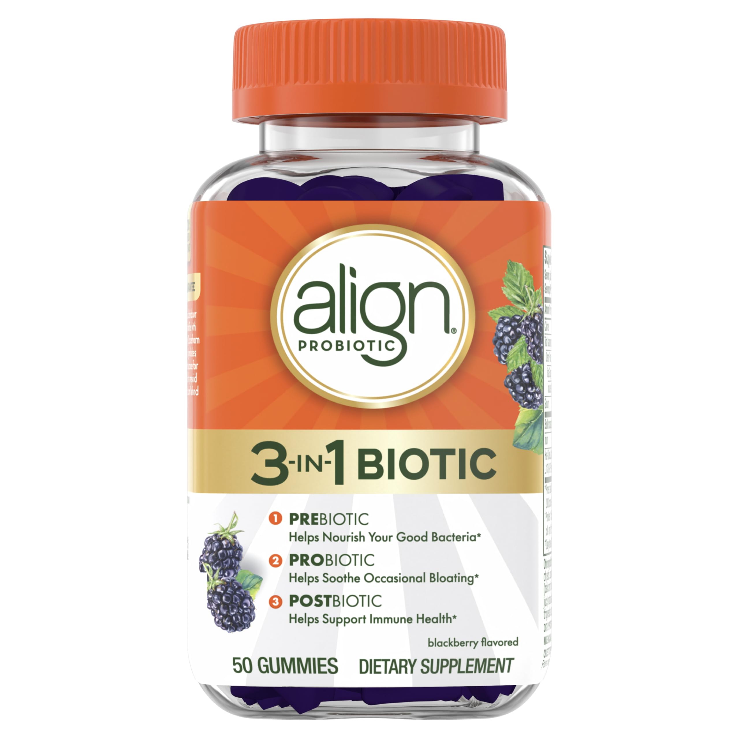 Align Probiotic, 3-in-1 Biotic Gummies, Prebiotic + Probiotic + Postbiotic, #1 Doctor Recommended Probiotic Brand‡, Helps Relieve Occasional Bloating*, BlackBerry Flavor, 50 Gummies