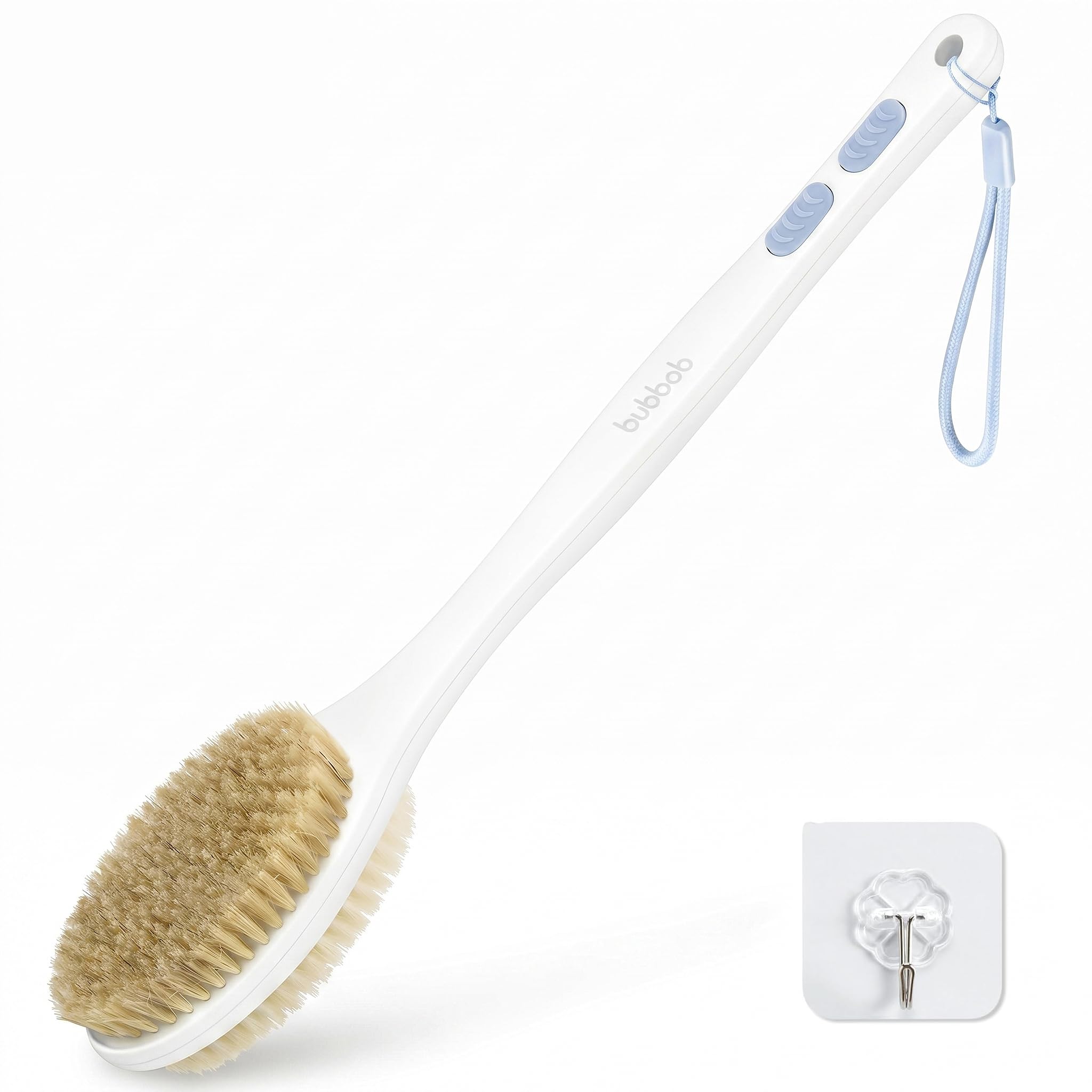 Back Scrubber for Shower with Long Handle, Exfoliating for Body,Black | Double Sided Bristles (Stiff & Soft), Anti-Slip Grip, Lightweight - Gift for Seniors, Includes Lanyard & Hook