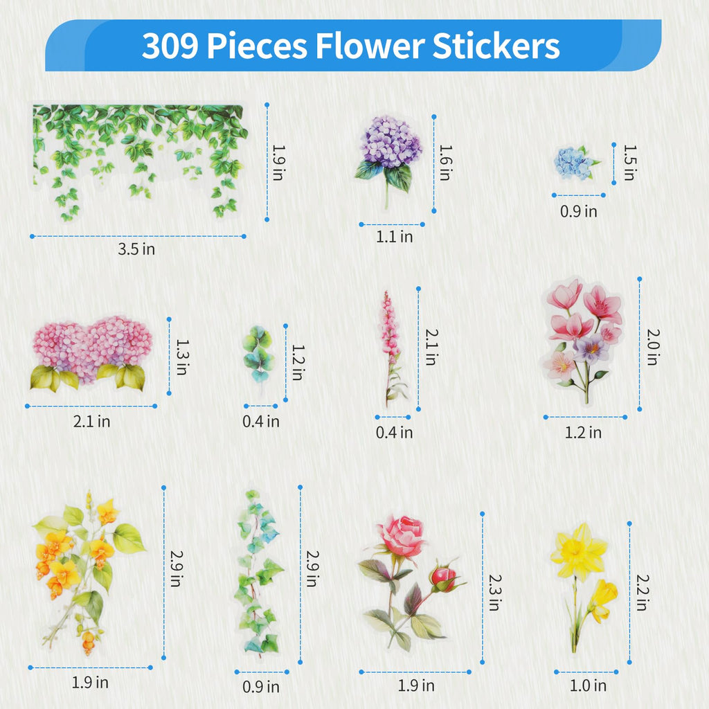 Kattykitty 309PCS Transparent Flower Stickers for Scrapbooking