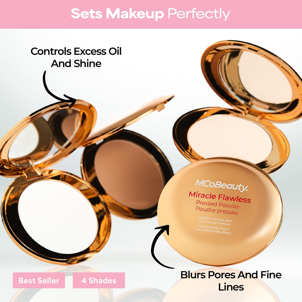 MCoBeauty Miracle Flawless Pressed Powder - 1 Light | Compact, Soft Focus Blurring, Finishing & Setting Makeup, Hydrating, Vegan & Cruelty Free