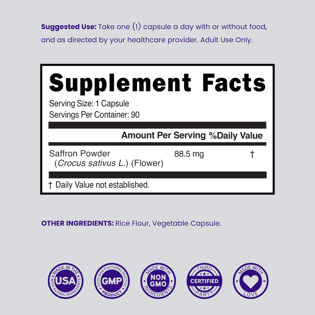 Saffron Supplements for Mood, Energy & Vision Support (3 Month Supply) Pure Saffron Extract 88.5mg Per Serving - Vegan Safe, Gluten Free, Third Party Tested & Non GMO - USA Made (90 Veggie Capsules)