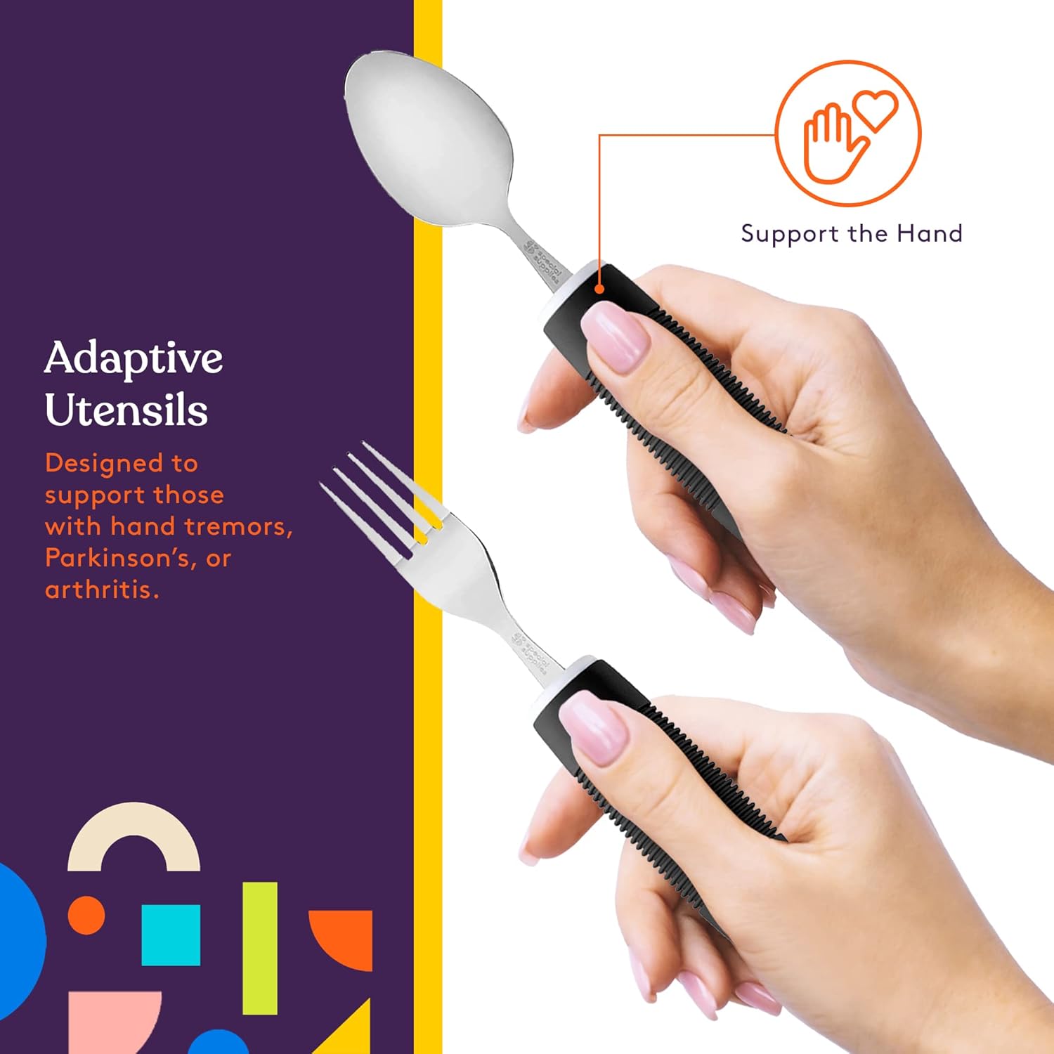 Buy now Special Supplies Adaptive Utensils (5-Piece Kitchen Set) Wide, Non-Weighted, Non-Slip Handles for Hand Tremors, Arthritis, Parkinsonâ€™s or Elderly Use (Black) at indiglob india