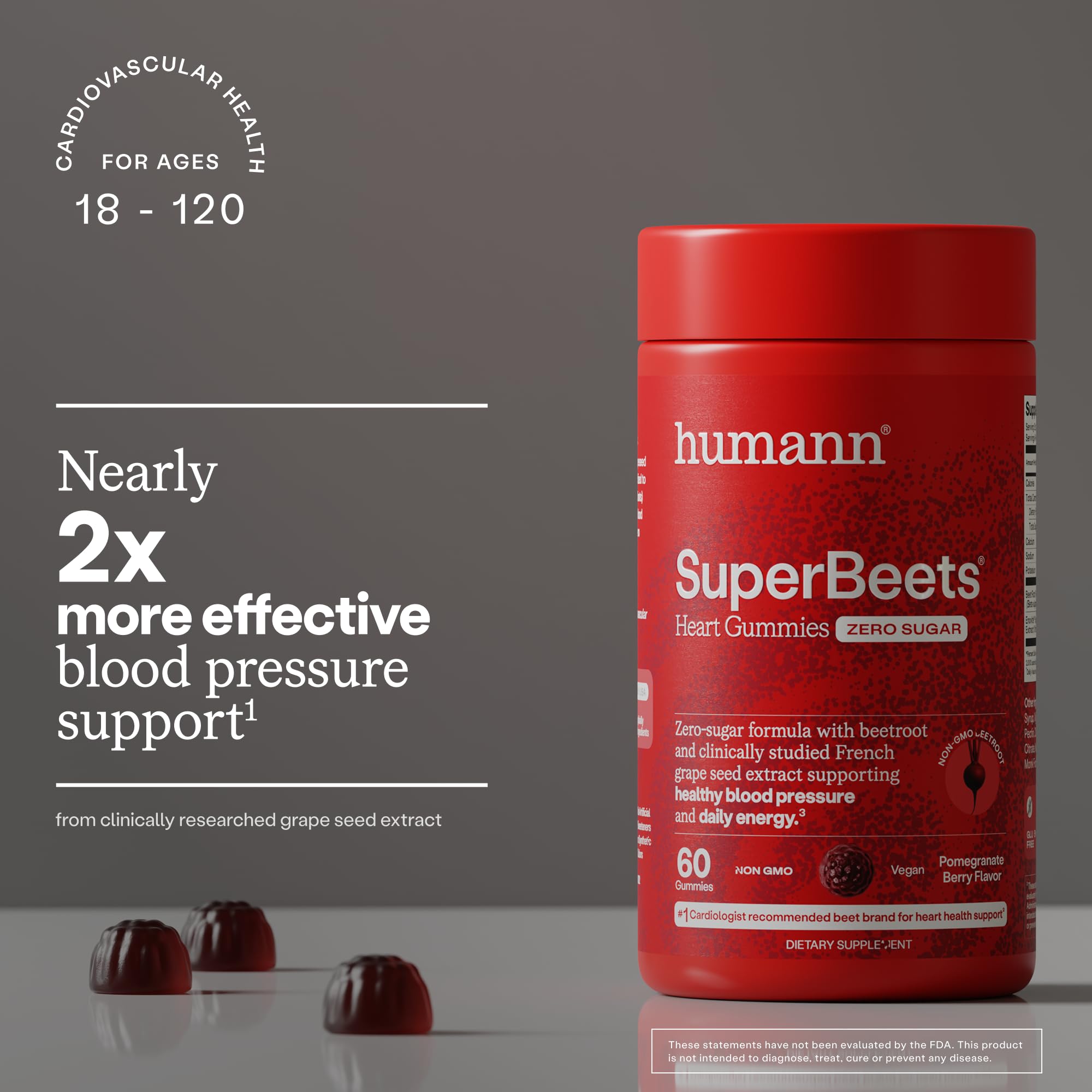 HumanN SuperBeets Heart Gummies Zero Sugar, Pomegranate Berry Flavor, 120 Ct