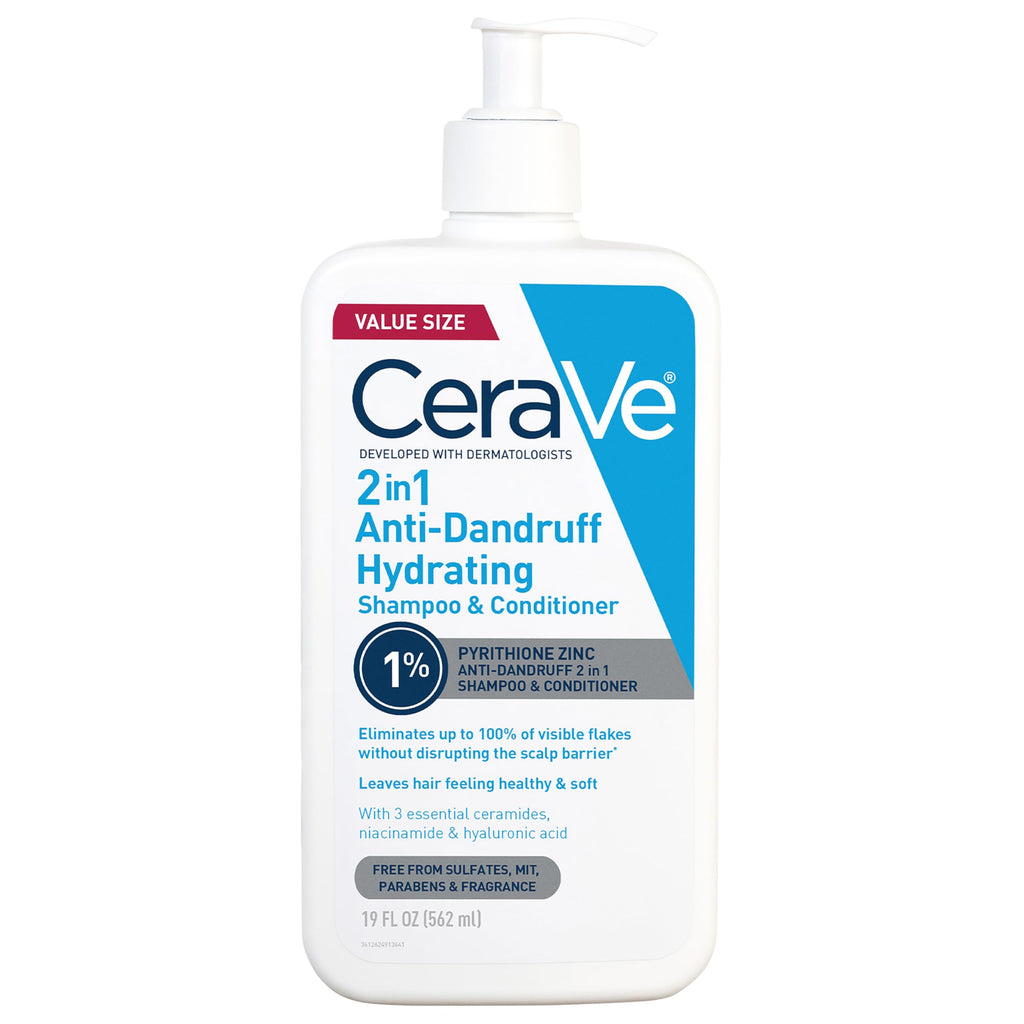 CeraVe 2 In 1 Hydrating Anti Dandruff Shampoo And Conditioner, 12 Fl Oz | 1% Pyrithione Zinc Dandruff Treatment Helps Eliminate Flakes and Relieve Itchy Scalp In A Sulfate-Free, Color-Safe Formula