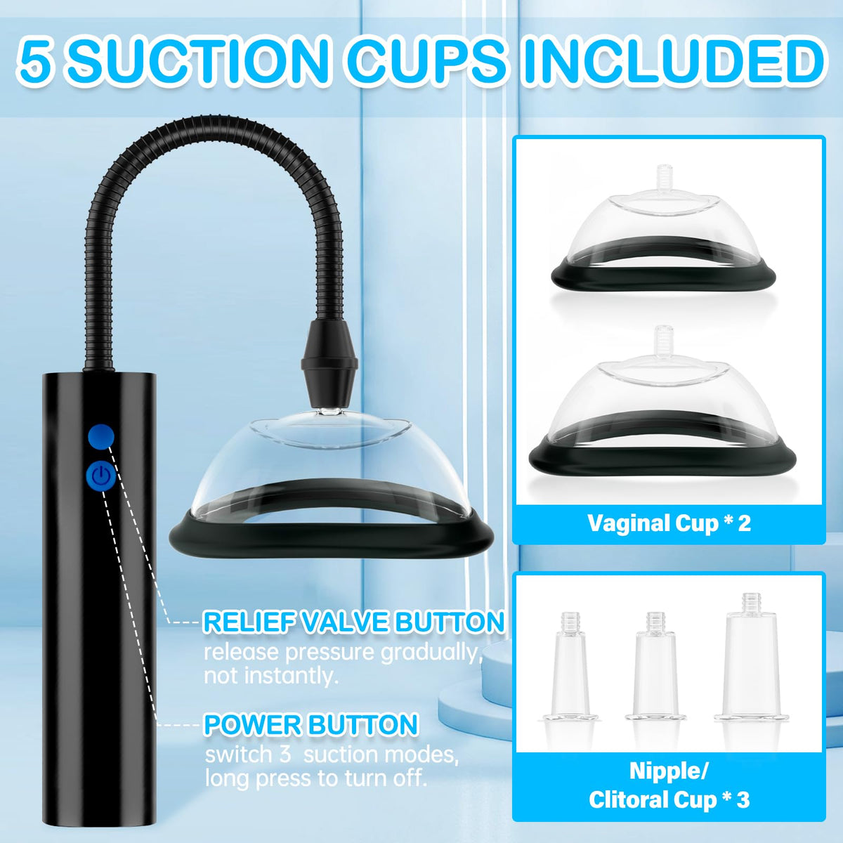 Adult Sex Toys Pussy Pump - Female Sex Toys Nipple Clit Sucker Automatic Vacuum Vagina Sex Pump, Nipple Pussy Sucking BDSM Toys Kit with 3 Powerful Suction Modes, Adult Toys & Games 5 Cups Included