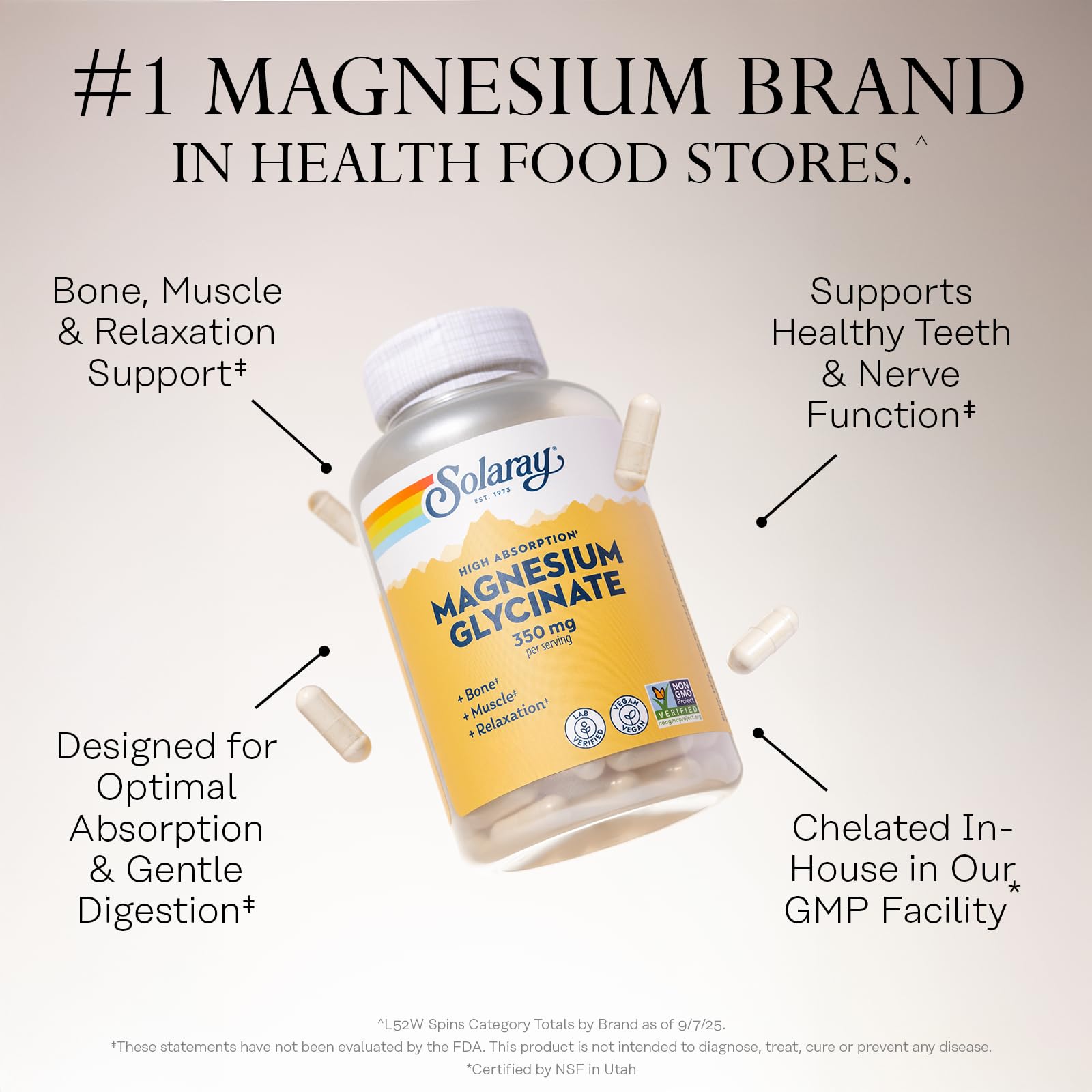 SOLARAY Enhanced Absorption Magnesium Glycinate 350 mg, 120 VegCaps | Muscle, Bone & Heart Support, Chelated Magnesium Bisglycinate with BioPerine, 30 Servings, Vegan, Lab Verified