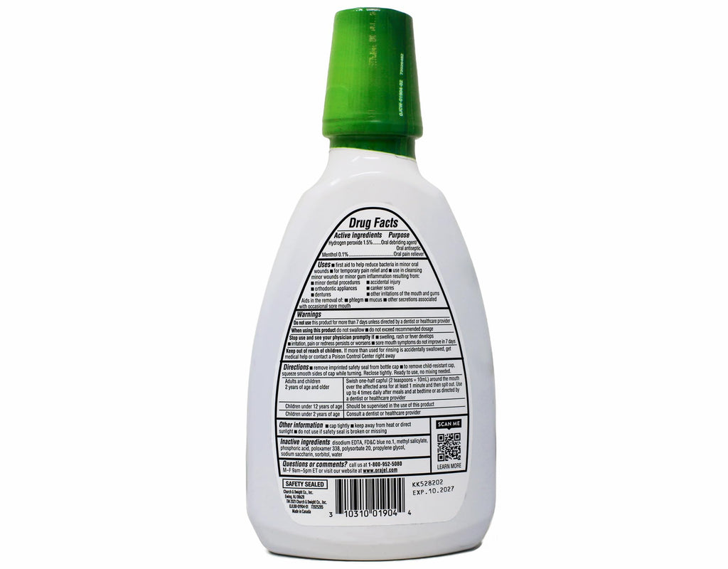 Orajel 2X Medicated Gum Pain Rinse, Alcohol-Free Oral Pain Relief Mouth Rinse with Hydrogen Peroxide 1.5% + Menthol, Soothing Mint, 16 fl oz