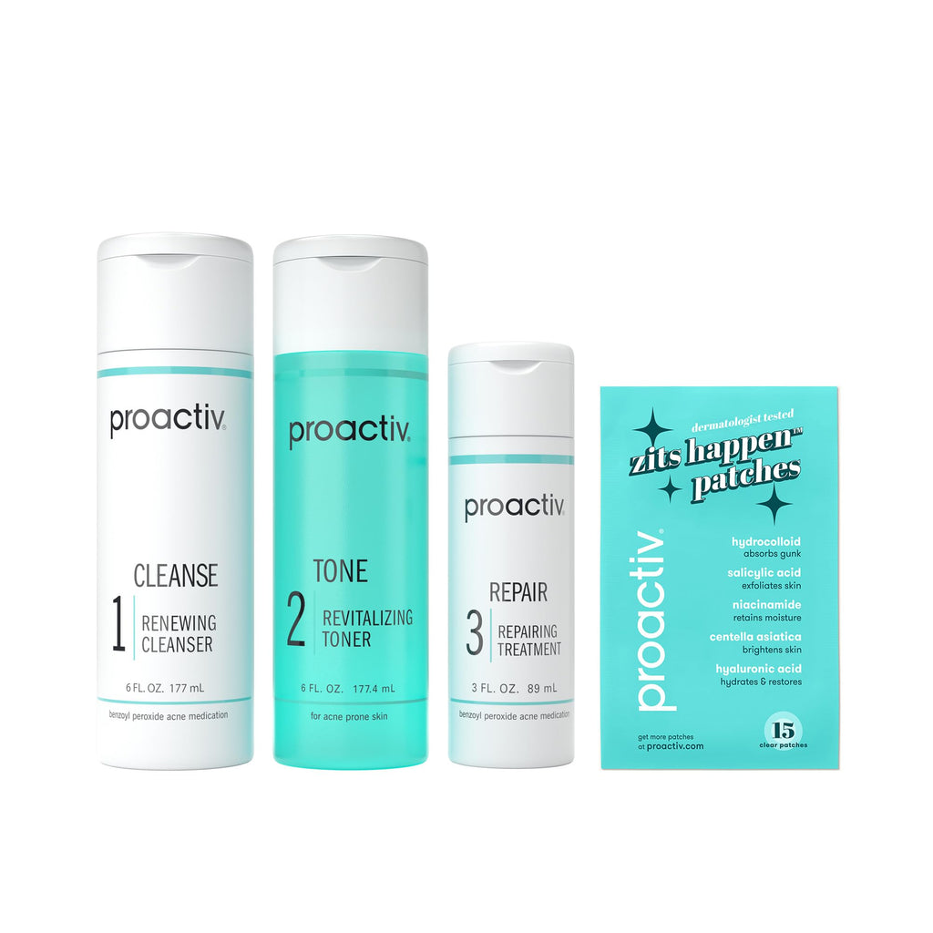 Proactiv 3 Step Acne Treatment - Benzoyl Peroxide Face Wash, Repairing Acne Spot Treatment for Face and Body, Exfoliating Toner - 30 Day Complete Acne Skin Care Kit