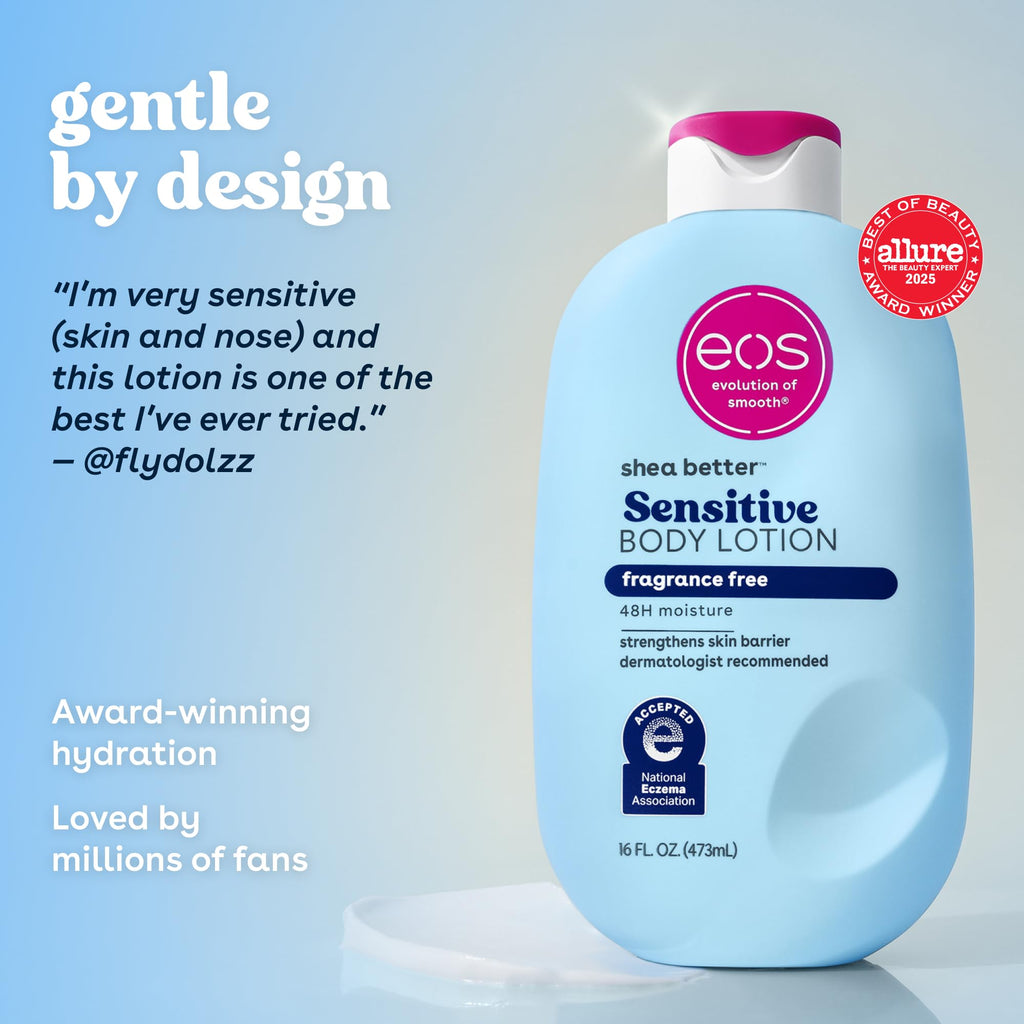 eos Shea Better Sensitive Skin Body Lotion - Fragrance-Free, 48-Hour Moisture Eczema Cream & Dry Skin Relief, Vegan, 16 fl oz (Packaging may vary)