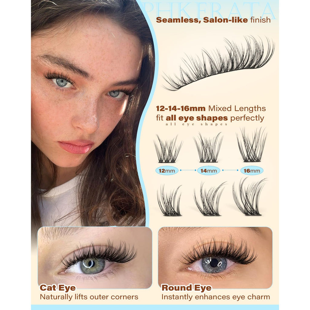 PHKERATA Spider Lash Clusters Natural Eyelash Clusters, Fluffy D Curl Cluster Eyelash Extensions, 12-14-16mm Wispy Individual Lashes with Soft Thin Band