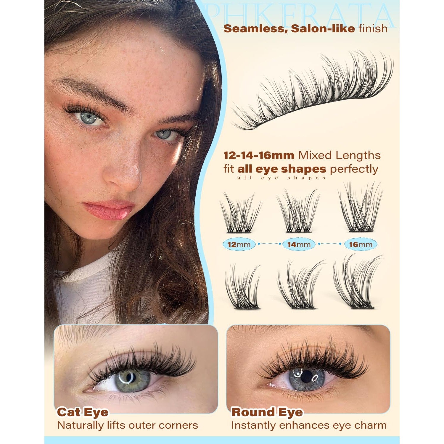 PHKERATA Spider Lash Clusters Natural Eyelash Clusters, Fluffy D Curl Cluster Eyelash Extensions, 12-14-16mm Wispy Individual Lashes with Soft Thin Band