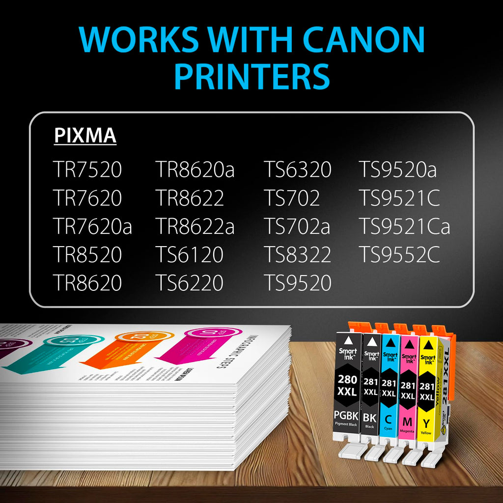 Smart Ink Compatible Ink Cartridges Replacement for Canon 281 280 PGI-280XXL CLI-281XXL (5 Combo Pack) to use with Canon Printers Pixma TR8520 TS9120 TS6120 TR8620 TR8620a TS6320 TR7520 PGBK/BK/C/M/Y