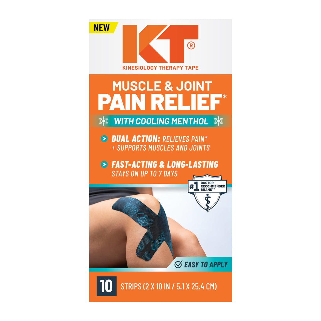KT Tape, Muscle and Joint Support, Every Day Pain Relief, Menthol Infused Kinesiology Tape, Precut Strips, Easy Application, Long-Lasting & Hypoallergenic Adhesive, 10 Count