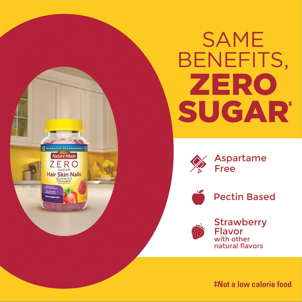Nature Made Zero Sugar Hair Skin Nails Gummies, 120 Sugar Free Gummies | Biotin 2500 mcg per Serving, Support Healthy Hair, Skin and Nails, Strawberry Flavor, 60 Day Supply