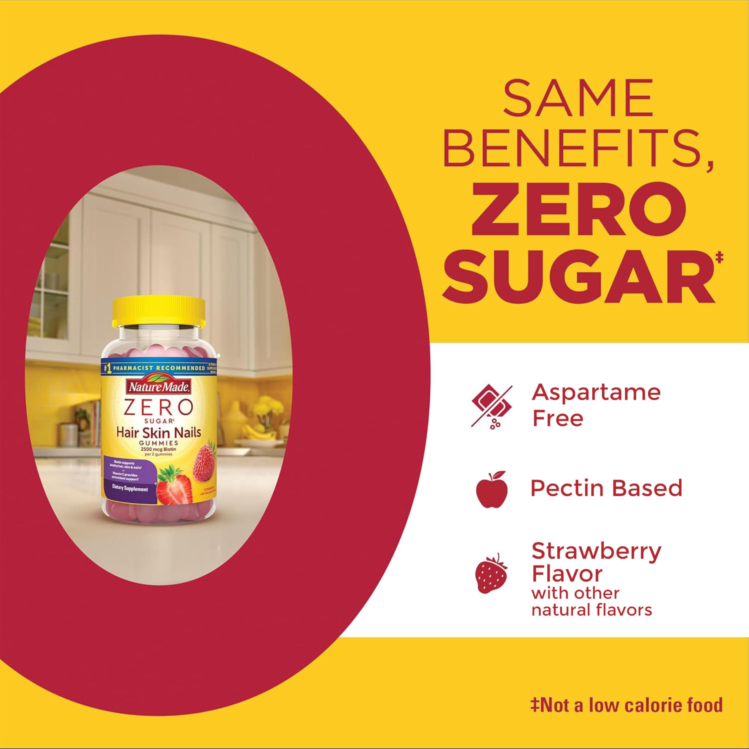 Nature Made Zero Sugar Hair Skin Nails Gummies, 120 Sugar Free Gummies | Biotin 2500 mcg per Serving, Support Healthy Hair, Skin and Nails, Strawberry Flavor, 60 Day Supply