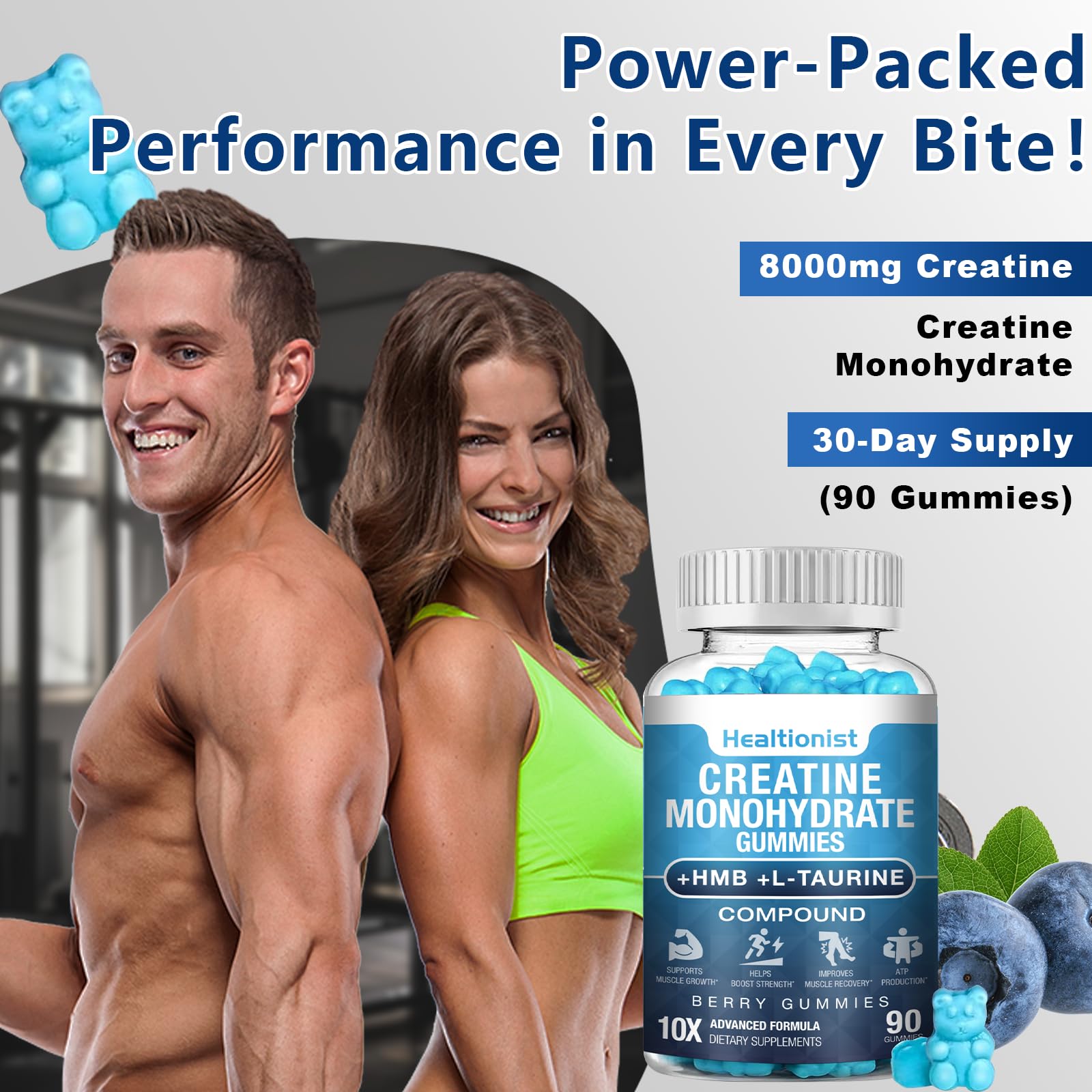 2 Pack 8000MG Creatine HMB Monohydrate Gummies for Men & Women, L-Taurine & Vitamin B6 12, 180 Blueberry Flavor Counts Supplement Gummies (60-Day Supply)