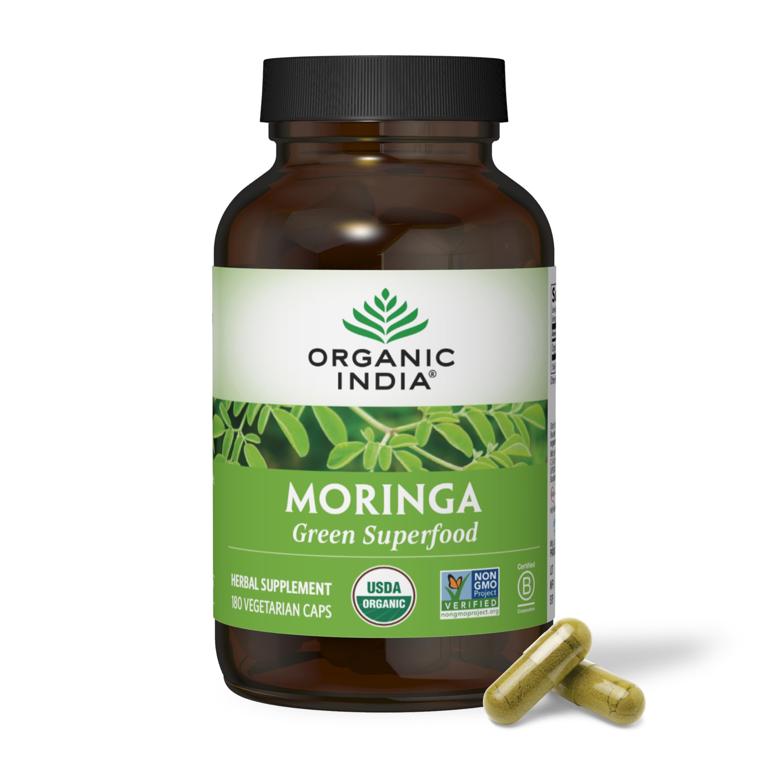 ORGANIC INDIA Moringa Herbal Supplement - Green Superfood, Nutrient Dense, Pure Plant Protein, Vitamin A, E, K, Iron, Calcium, Fiber, Vegan, Gluten-Free, USDA Certified Organic - 90 Capsules