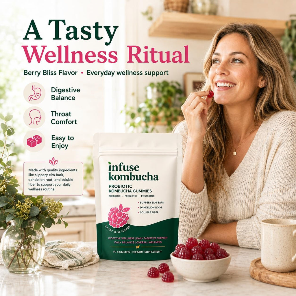 infuse Probiotic Kombucha Gummies, 90 Gummies, for Throat Clearing Bloating, Gut Health for Women, Fiber Gummies, Prebiotics and Probiotics for Women, Slippery Elm, Dandelion Root, MCT Oil