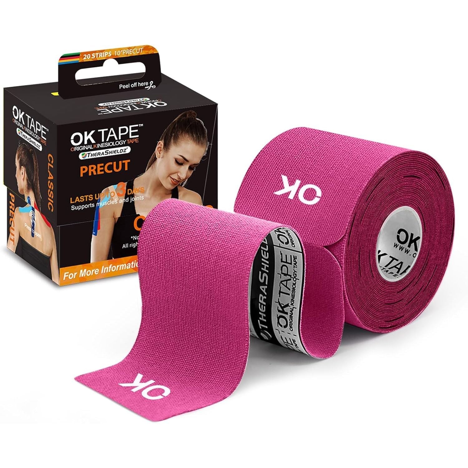 Buy now OK TAPE Kinesiology Tape 10 inches Precut, 20 Strips, Cotton Elastic Athletic Tape Latex Free, 2in x 16ft, Black 20 Count (Pack of 1) Pink at indiglob india