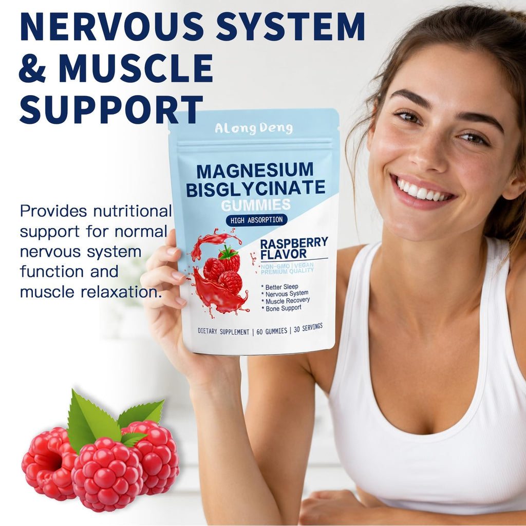 Magnesium Bisglycinate Gummies, with 500mg Magnesium Bisglycinate Chelate Sea Salt Raspberry Fruit Powder, Improve Sleep & Nervous, Relax Muscles, Strengthen Bones, Vegan, 60 Count
