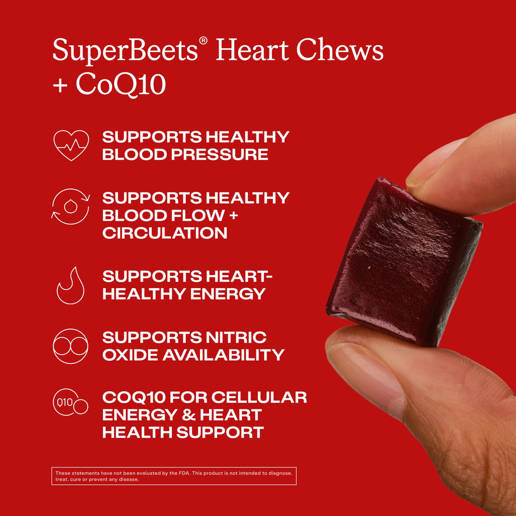 HumanN SuperBeets 3-in-1 Heart Chews + 3X Absorption 150mg CoQ10, 60 Ct | Blood Pressure Support, Nitric Oxide Support & Cellular Energy, Non-GMO Beetroot, Grape Seed Extract, Once Daily, Made in USA