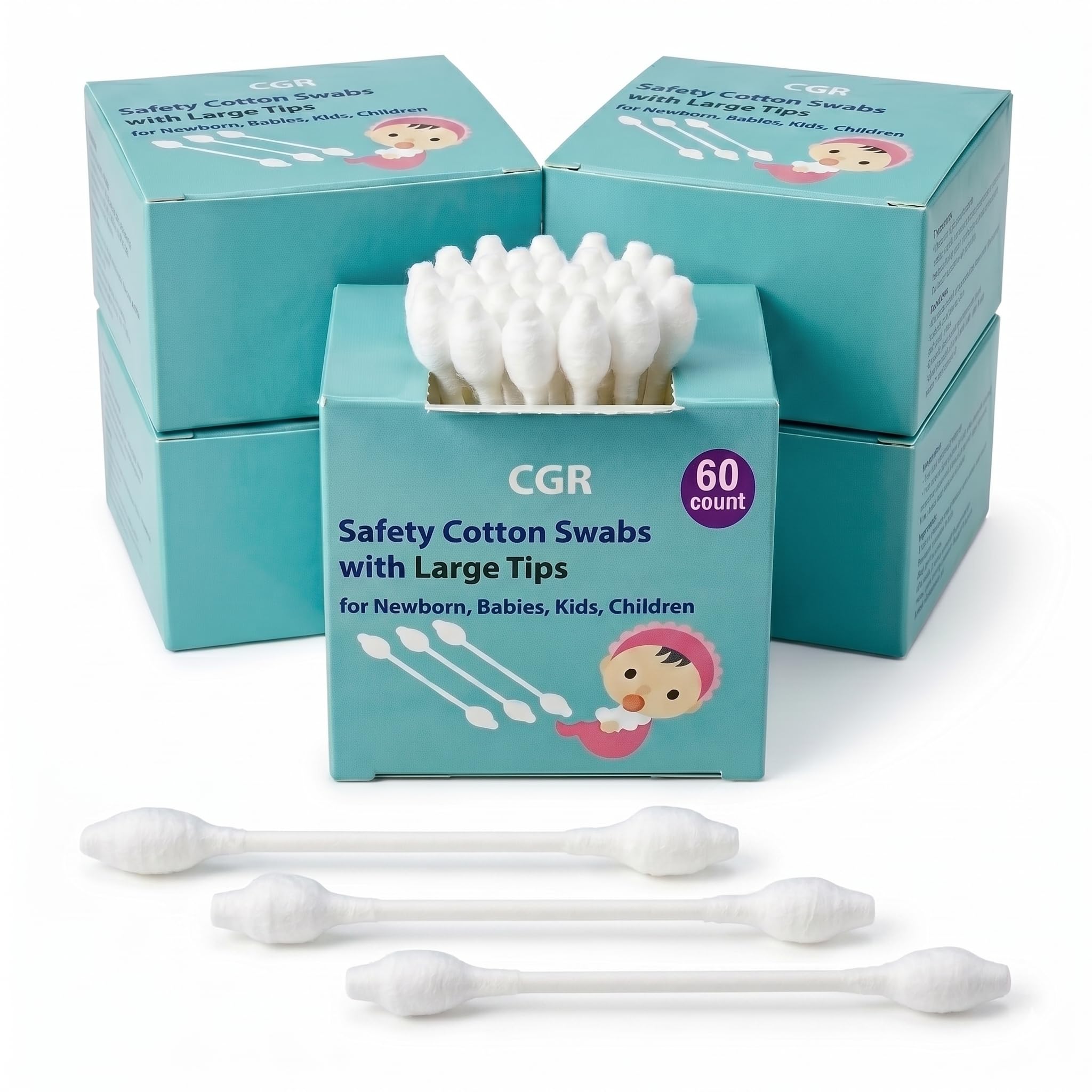 400pcs CGR Baby Safety Cotton Swabs with Large Tips for Newborn Babies Kids | Safety Large Tips, 100% Pure Cotton, Eco-Friendly Paper Sticks, for Infant Ears, Nose & Navel, 5x80pcs total 400pcs