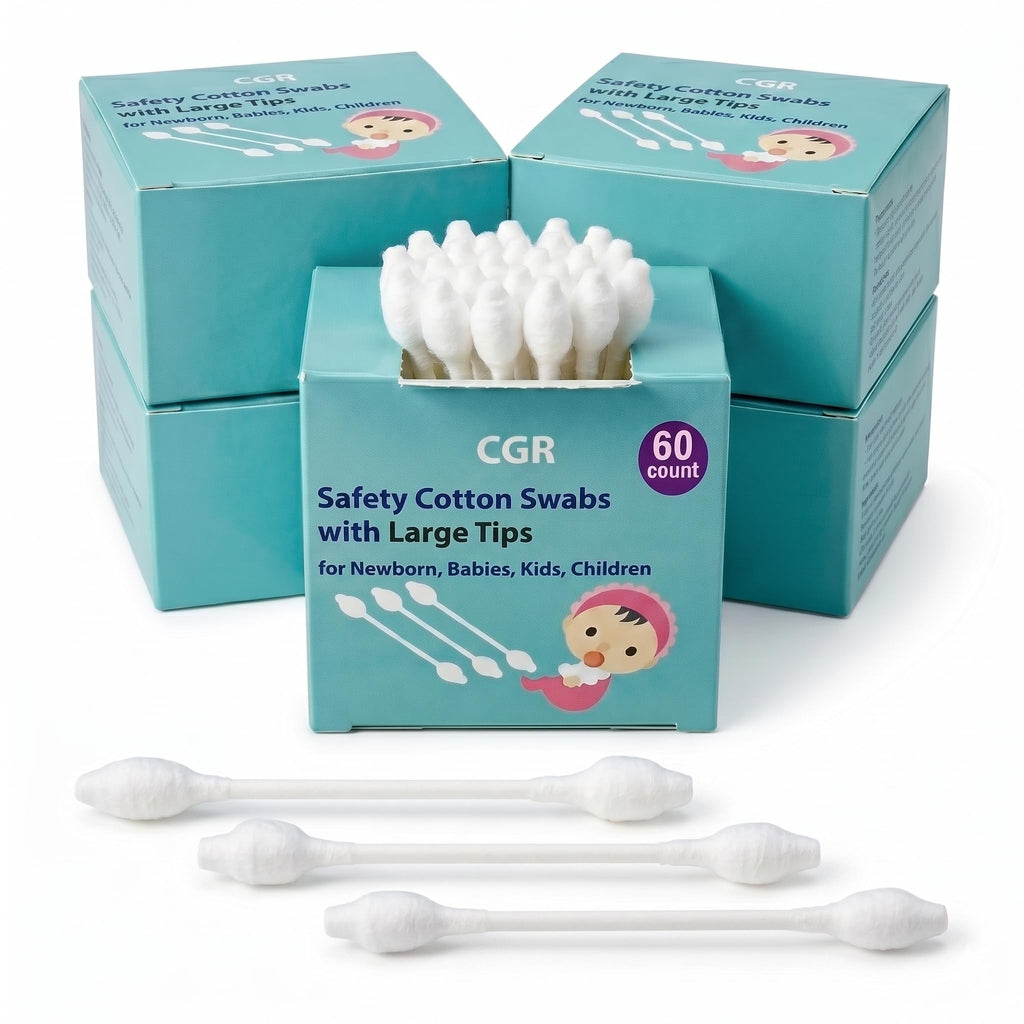 400pcs CGR Baby Safety Cotton Swabs with Large Tips for Newborn Babies Kids | Safety Large Tips, 100% Pure Cotton, Eco-Friendly Paper Sticks, for Infant Ears, Nose & Navel, 5x80pcs total 400pcs