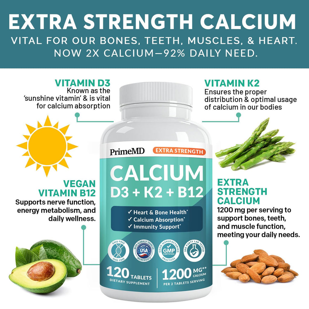 PrimeMD 4-in-1 Calcium 1200mg, Vitamin D3 K2 5000IU, Vegan Non-GMO, 120ct | Bone Health and Everyday Vitality Support, Extra Strength Calcium with Vitamin D3 and K2, Vegan, Non-GMO, Calcium Supplement