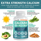 PrimeMD 4-in-1 Calcium 1200mg, Vitamin D3 K2 5000IU, Vegan Non-GMO, 120ct | Bone Health and Everyday Vitality Support, Extra Strength Calcium with Vitamin D3 and K2, Vegan, Non-GMO, Calcium Supplement