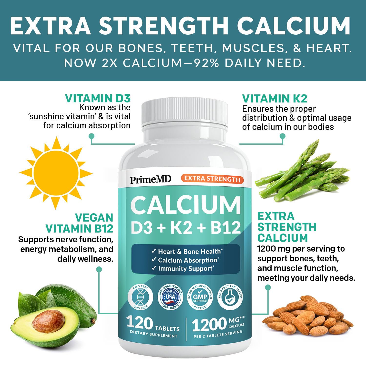 PrimeMD 4-in-1 Calcium 1200mg, Vitamin D3 K2 5000IU, Vegan Non-GMO, 120ct | Bone Health and Everyday Vitality Support, Extra Strength Calcium with Vitamin D3 and K2, Vegan, Non-GMO, Calcium Supplement