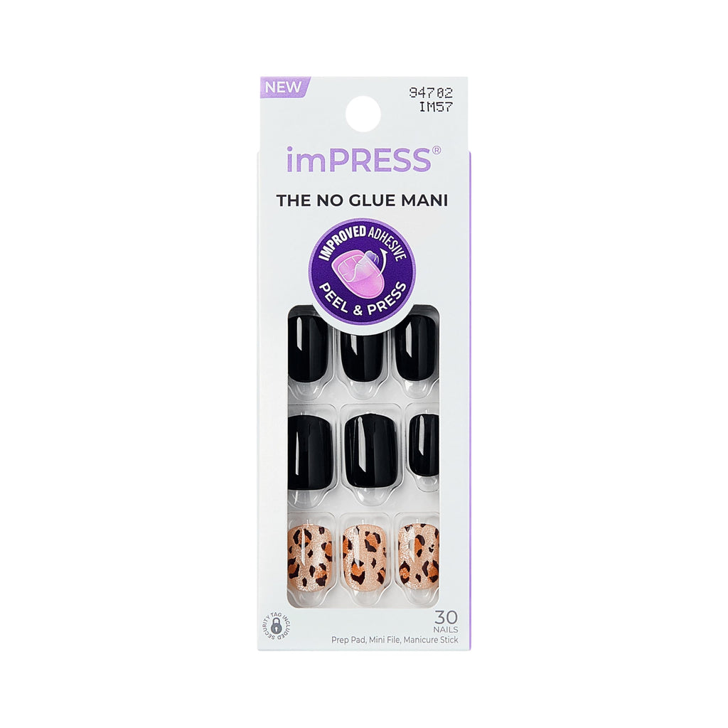 Kiss Impress No Glue Mani Press On Nails, Design, 'Romantique', Black, Short Size, Squoval Shape, Includes 30 Nails, Prep Pad, 1 Manicure Stick, 1 Mini File
