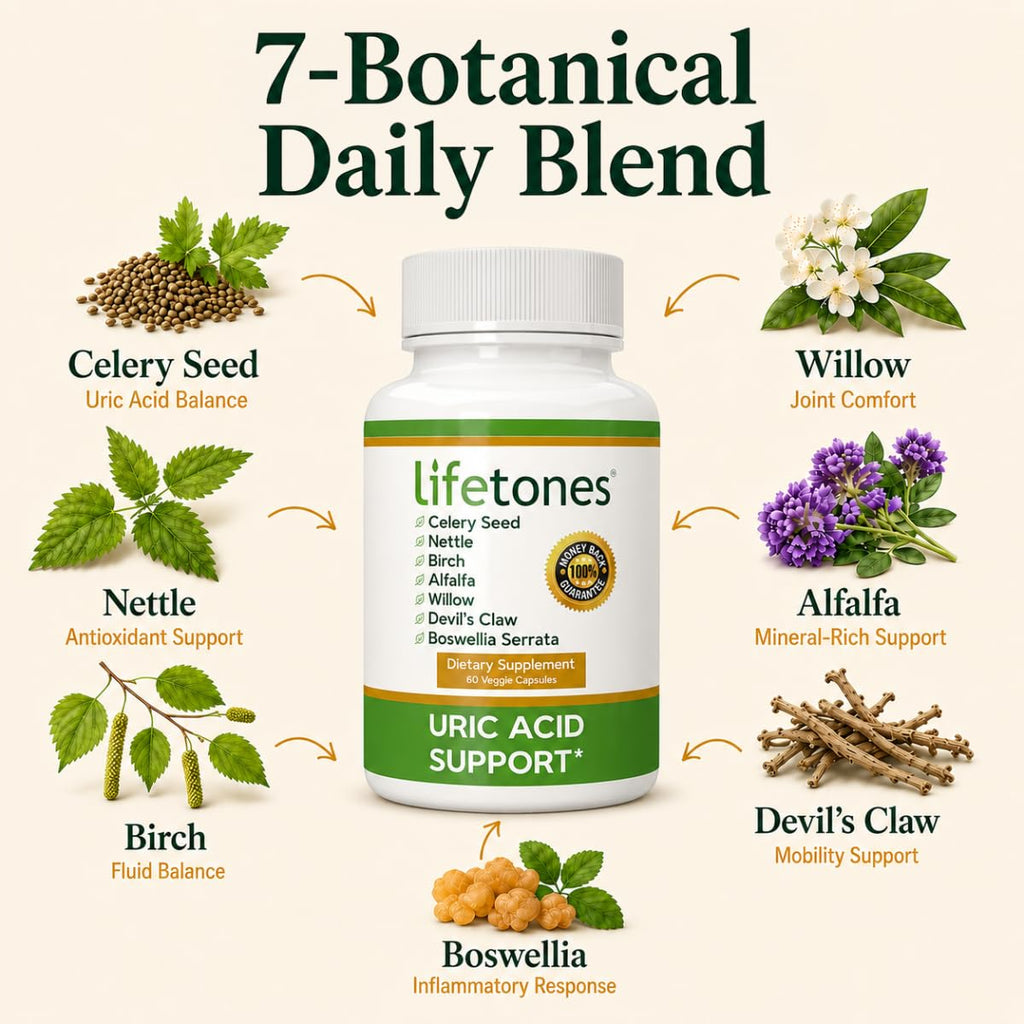 Lifetones Uric Acid Support Capsules – 7-Herb Formula with Boswellia, Devil's Claw, White Willow & Celery Seed – No Herbal Taste – Supports Healthy Uric Acid Levels & Joint Comfort – 60 Vegan Capsules