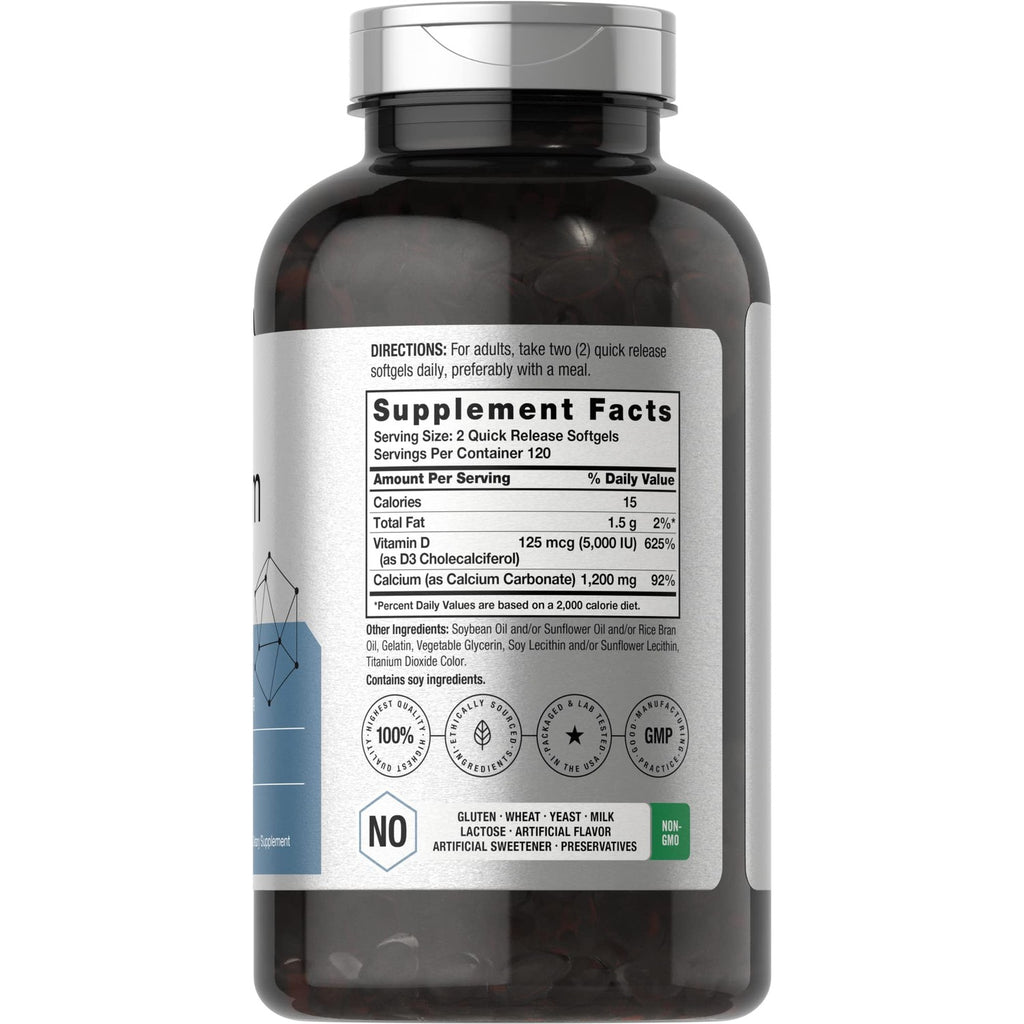 Horbäach Calcium 1200 mg with Vitamin D3 | 240 Softgels | 5000IU Vitamin D3 | Absorbable Calcium Supplement for Women and Men | Non-GMO, Gluten Free