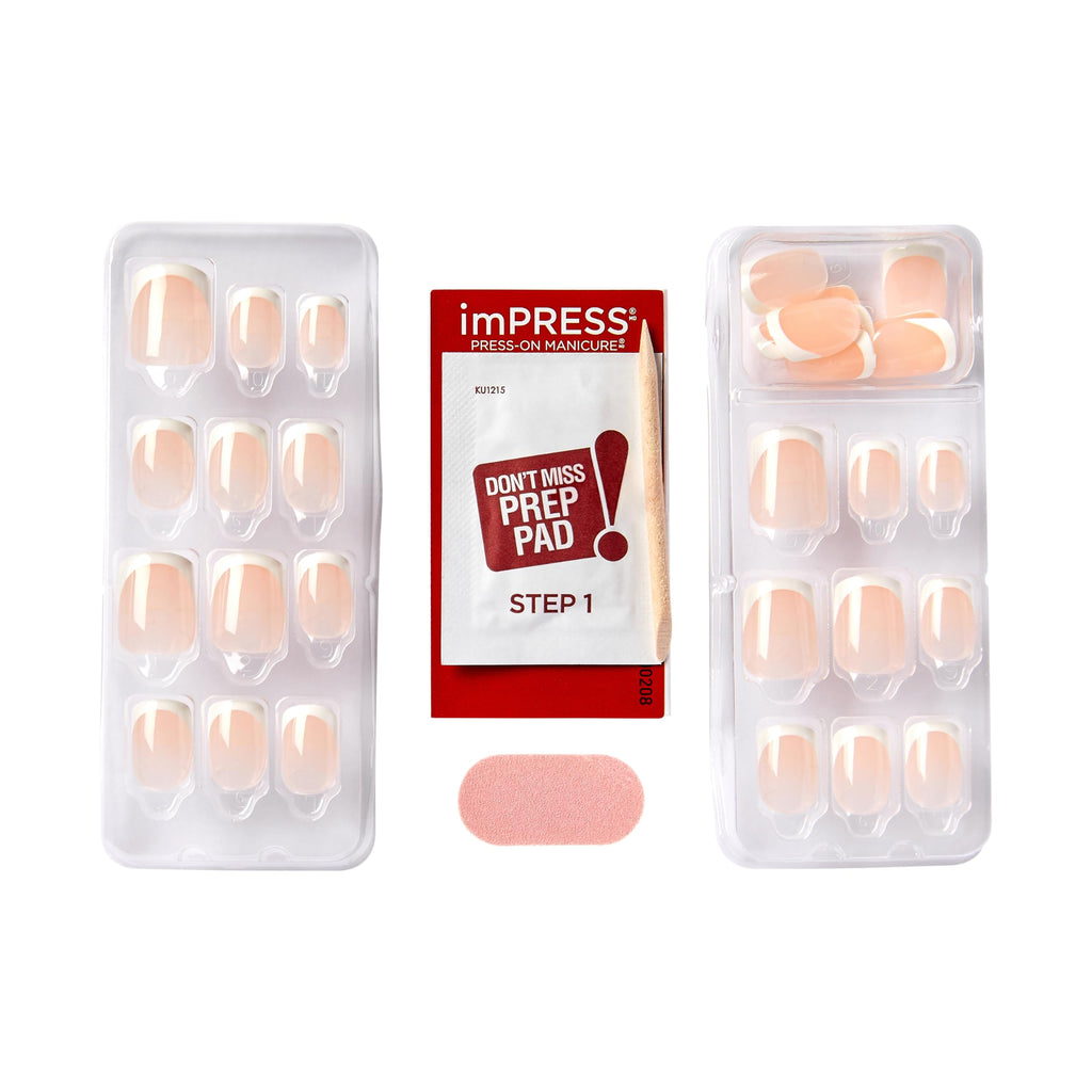 Kiss Impress No Glue Mani Press On Nails, Model, Classic French Manicure Kit, 30 Light Neutral + White Tip, Short Squoval, With IMPROVED Adhesive, Includes Prep Pad, Manicure Stick & Mini File