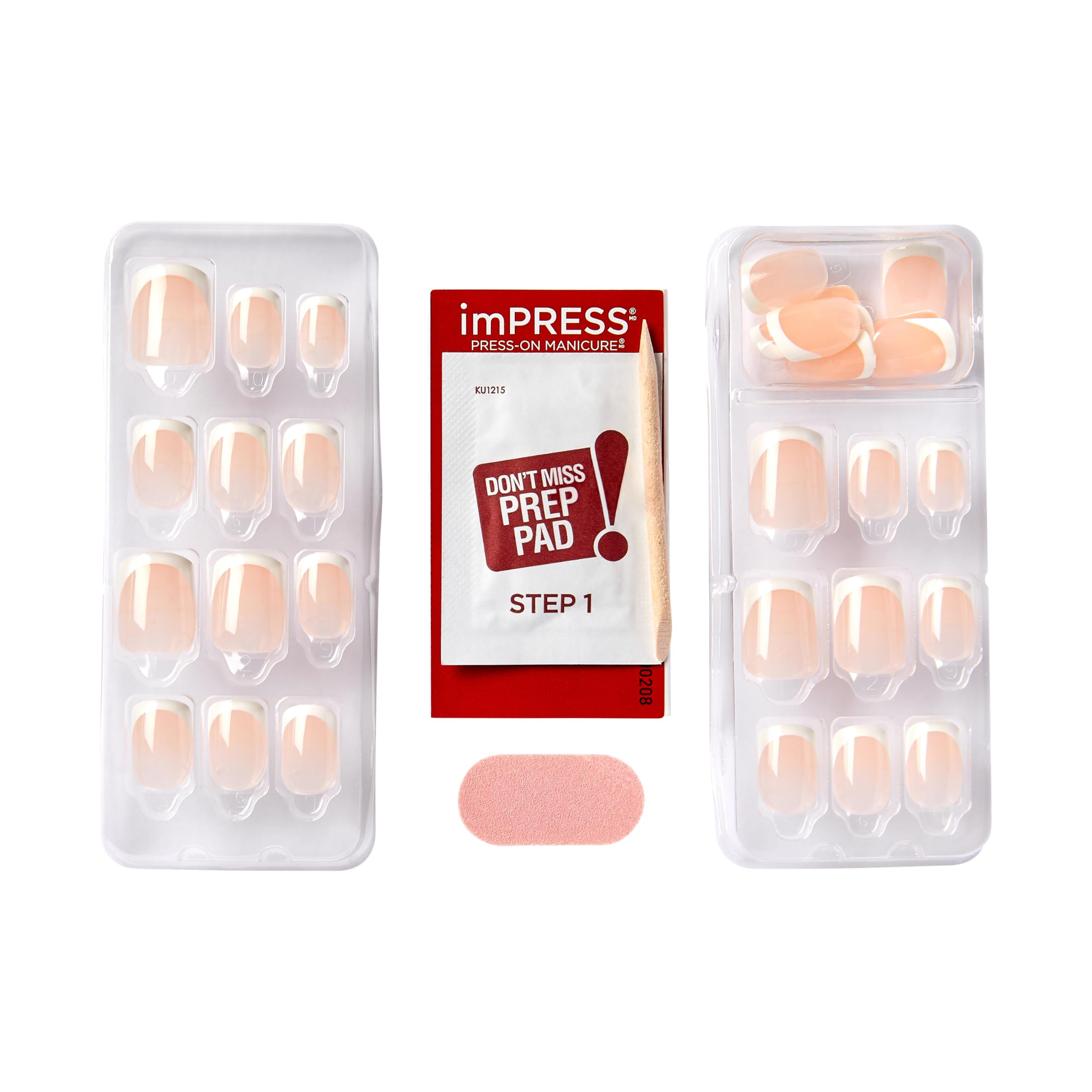 Kiss Impress No Glue Mani Press On Nails, Model, Classic French Manicure Kit, 30 Light Neutral + White Tip, Short Squoval, With IMPROVED Adhesive, Includes Prep Pad, Manicure Stick & Mini File