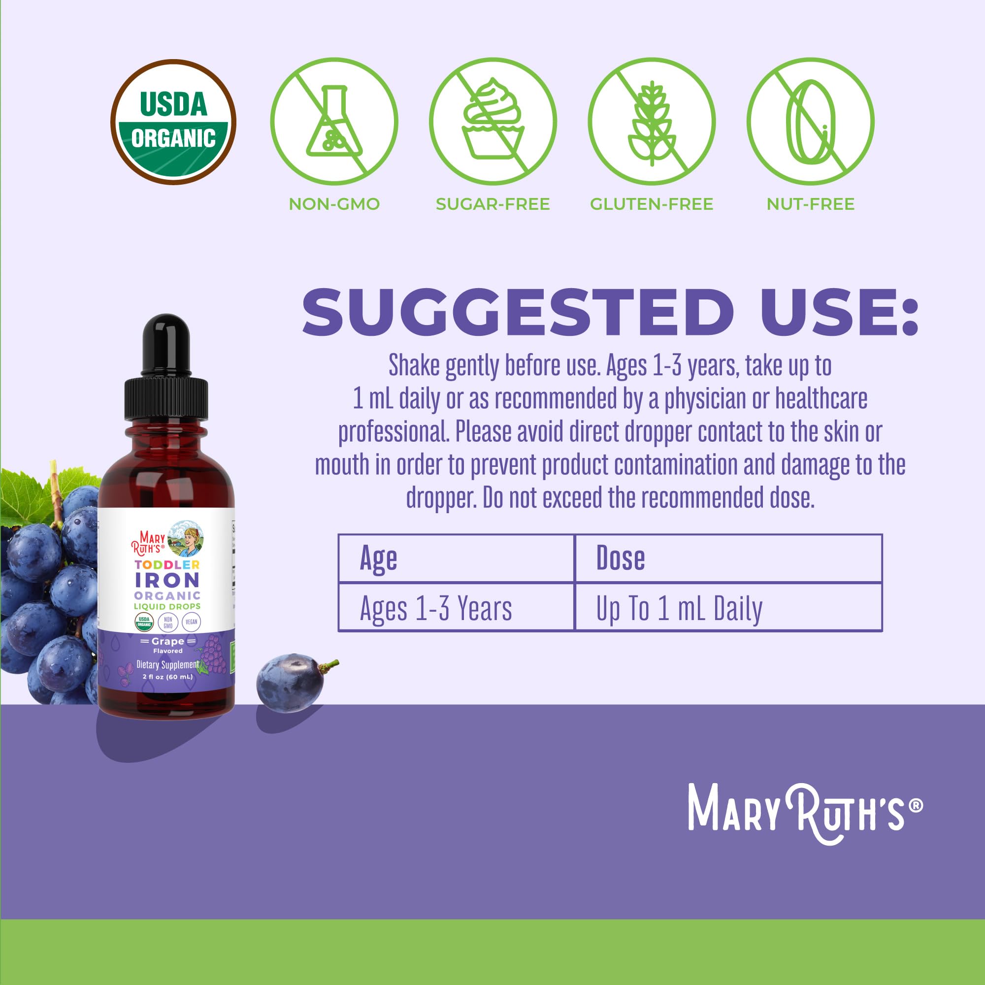 MaryRuth's Organic Toddler Liquid Iron Supplement, Sugar Free, Vegan, 2 oz | Ferrochel, Sugar Free, Vegan, Non-GMO, Gluten Free