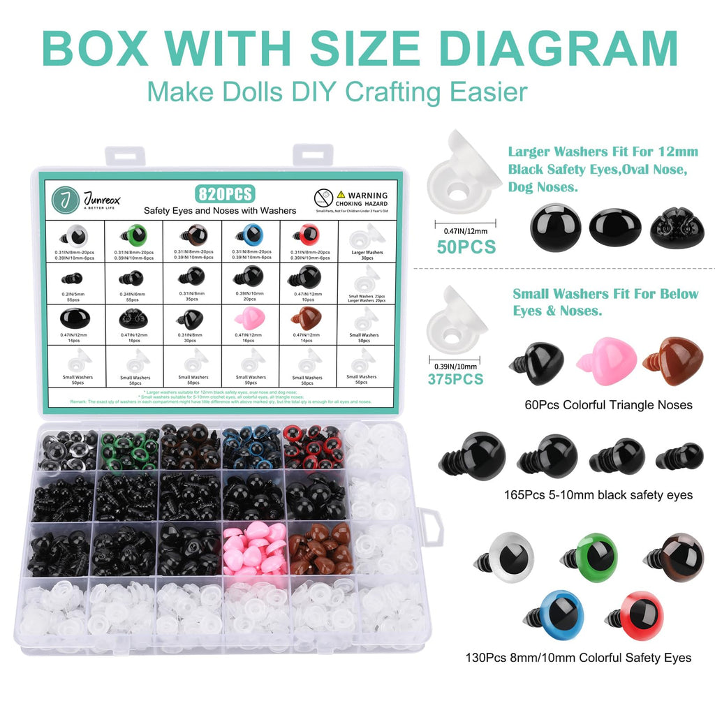 Junreox 820pcs Safety Eyes for Amigurumi, Crochet Stuffed Animals, 5-12mm