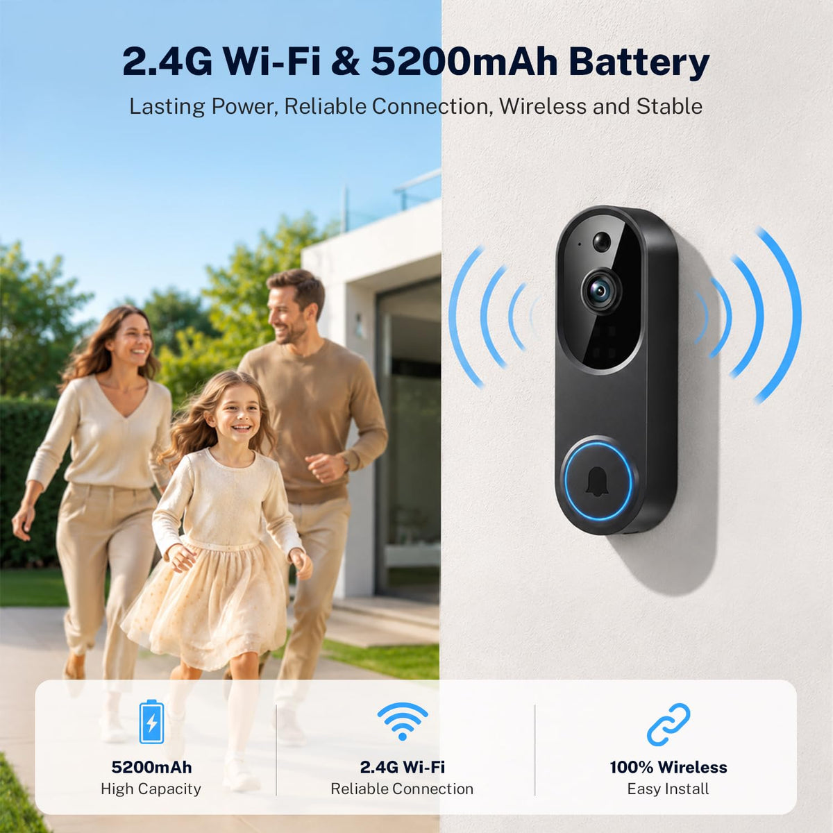 Video Doorbell Camera, Wireless Security Camera, 1080p, Battery Powered, AI Motion Detection, Night Vision, Two-Way Audio, Cloud Storage, 2.4 GWi-Fi, for Visitor, Baby Monitor