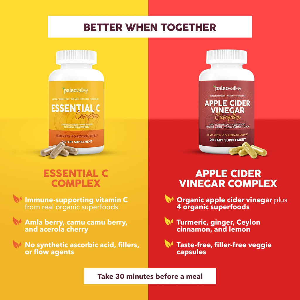 Paleovalley Essential C Complex, Whole Food Vitamin C Supplement, Organic Acerola Cherry, Camu Camu, Amla Berry, No Synthetic Ascorbic Acid, Immune Support Capsules, 450mg- Made in the USA