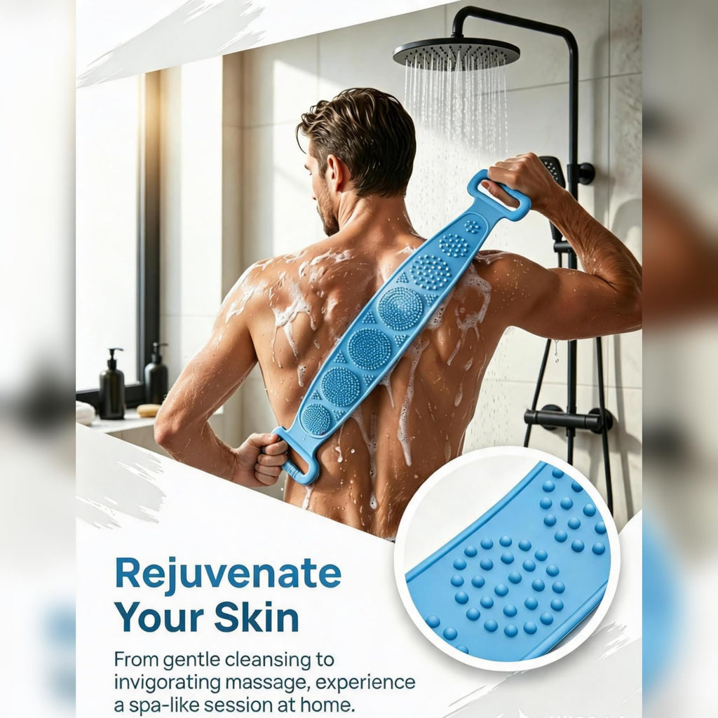 Silicone Back Exfoliator Scrub Strap for Shower, 27.56 Inch Dual-Sided for Exfoliate & Massage, Hygienic Durable & Easy to Clean, Unisex Body Scrubber, Blue & Purple 2 Pack