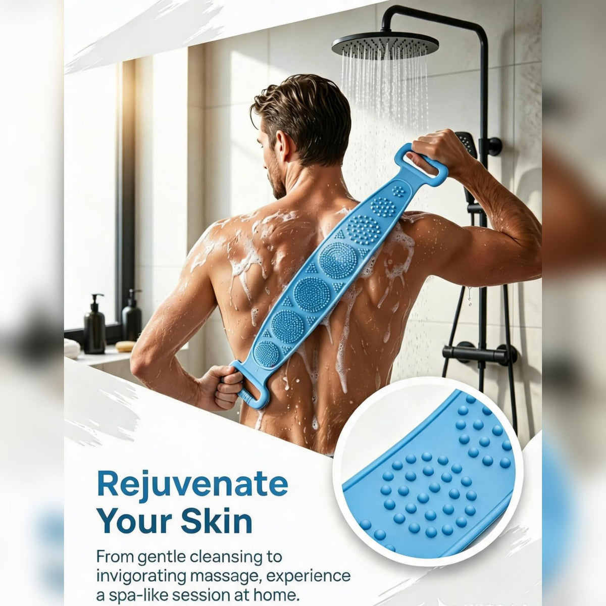 Silicone Back Exfoliator Scrub Strap for Shower, 27.56 Inch Dual-Sided for Exfoliate & Massage, Hygienic Durable & Easy to Clean, Unisex Body Scrubber, Blue & Purple 2 Pack
