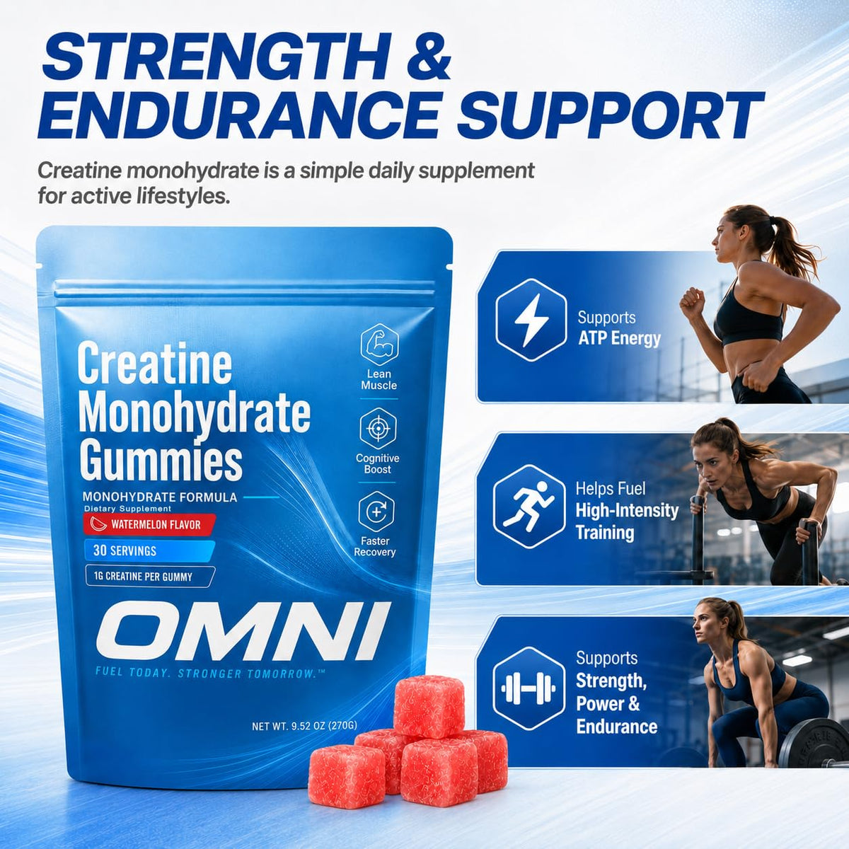 Creatine Gummies for Women, 1g Per Gummy, Low Sugar Watermelon Creatine Monohydrate Gummies, Performance, Workout Support