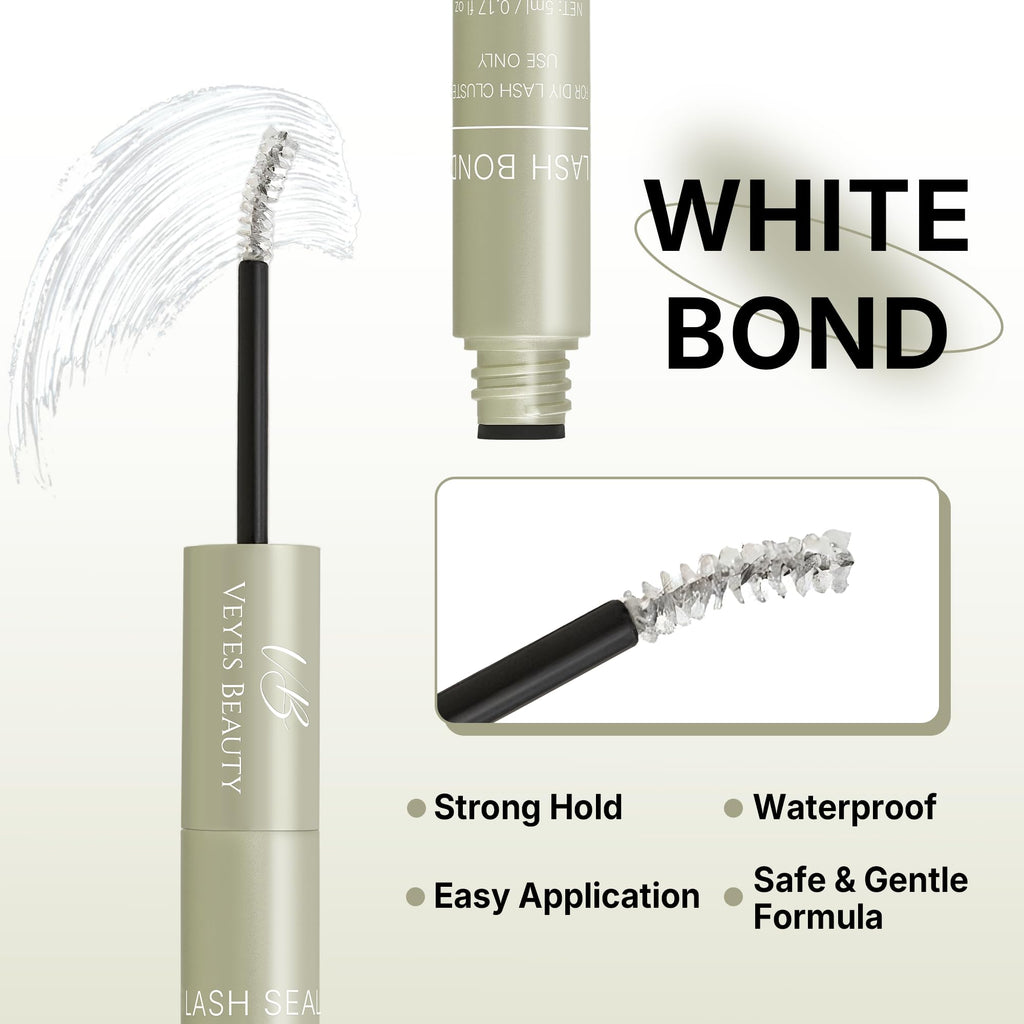 VEYESBEAUTY Lash Bond and Seal Waterproof 2 in 1 Cluster Lash Glue White | Eyelash Extensions Long Lasting Strong Hold Individual Eyelash Glue for Self-Application at Home