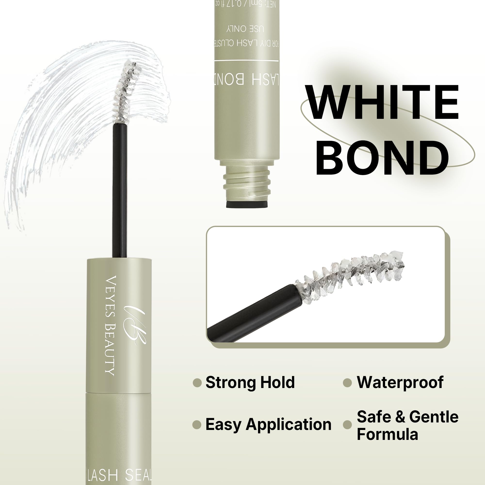 VEYESBEAUTY Lash Bond and Seal Waterproof 2 in 1 Cluster Lash Glue White | Eyelash Extensions Long Lasting Strong Hold Individual Eyelash Glue for Self-Application at Home