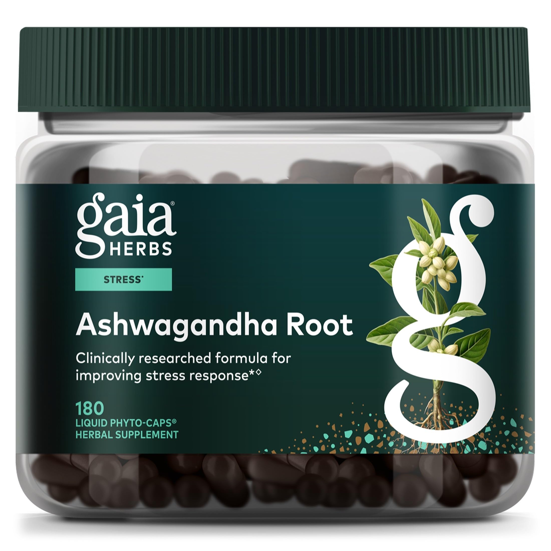 Gaia Herbs Ashwagandha Root 350 mg - Supports Balanced Energy Levels & Positive Outlook*- Supports Healthy Cortisol Balance* - 60 Vegan Liquid Phyto-Caps (30 Servings)